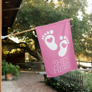 Pink and White Baby Footprints Birth Announcement House Flag