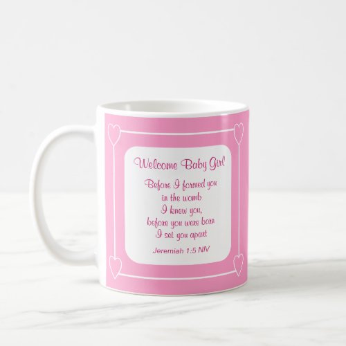 Pink and White Baby Girl Shower Party Bible Verse Coffee Mug