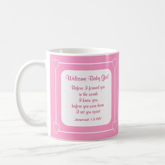 Pink and White Baby Girl Shower Party Bible Verse Coffee Mug (Left)
