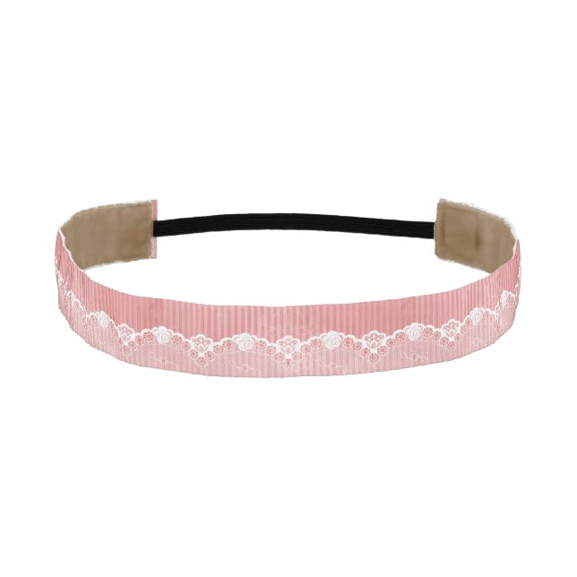 Pink and white background with black lace athletic headband (Front)