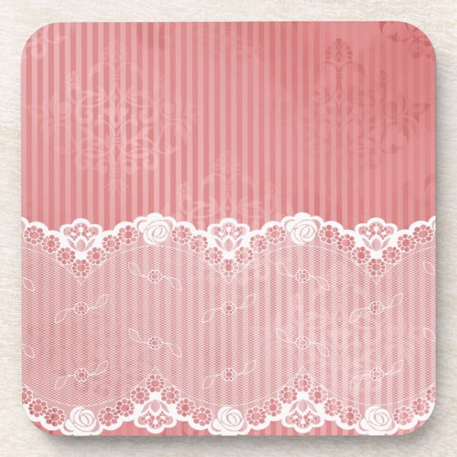 Pink and white background with black lace coaster (Front)