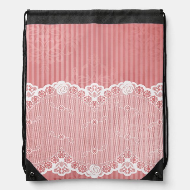 Pink and white background with black lace drawstring bag (Front)