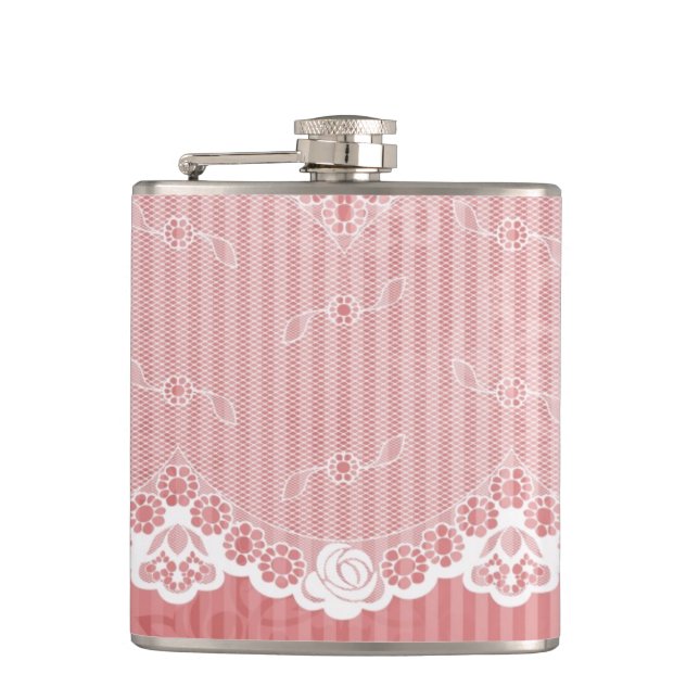 Pink and white background with black lace flask (Front)