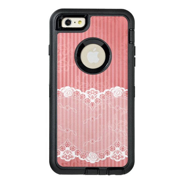 Pink and white background with black lace otterbox iPhone case (Back)