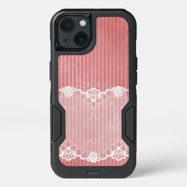 Pink and white background with black lace otterbox iPhone case (Back)