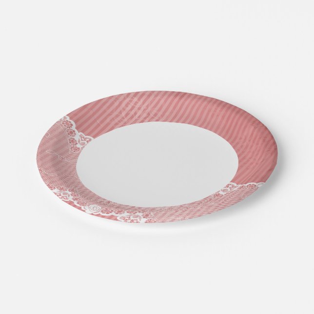 Pink and white background with black lace paper plates (Angled)