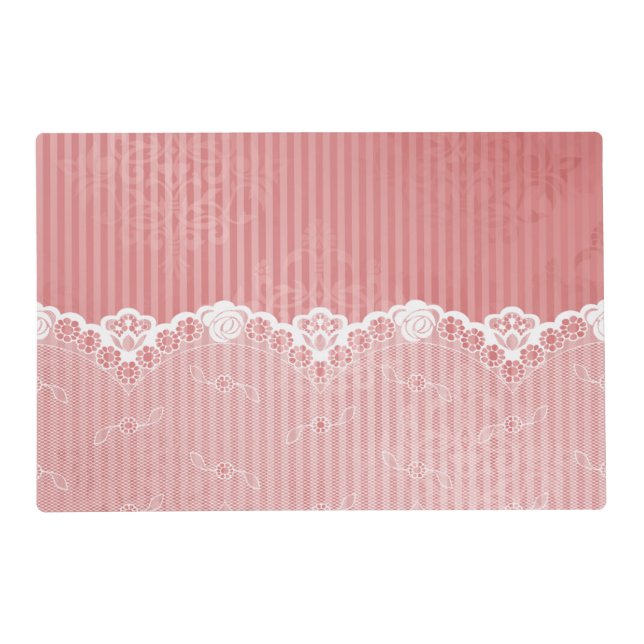 Pink and white background with black lace placemat (Front)