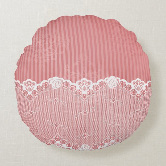 Pink and white background with black lace round pillow (Front)