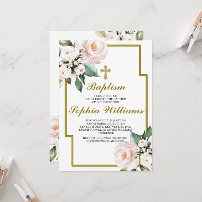 Pink and White Baptism İnvitation Invitation (Front/Back In Situ)