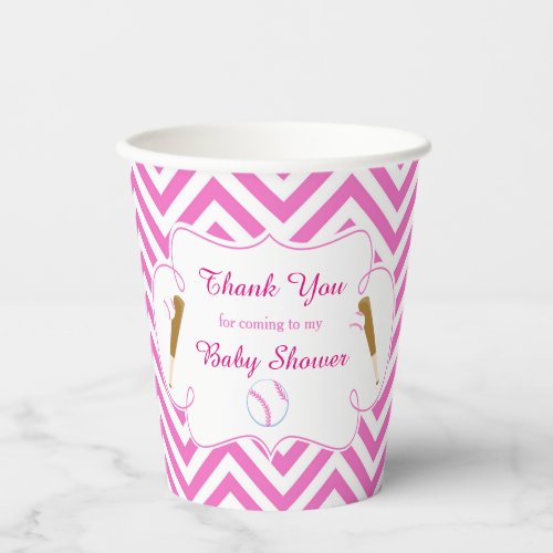 Pink and White Baseball Baby Shower party Paper Cups