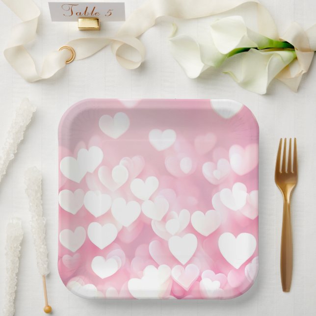 Pink And White Bokeh Hearts Paper Plates (Wedding)