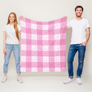 Pink and White Bold Checkered Plaid Design Fleece Blanket