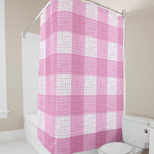 Pink and White Bold Checkered Plaid Design Shower Curtain