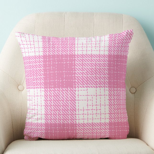 Pink and White Bold Checkered Plaid Design  Throw Pillow (Creator Uploaded)