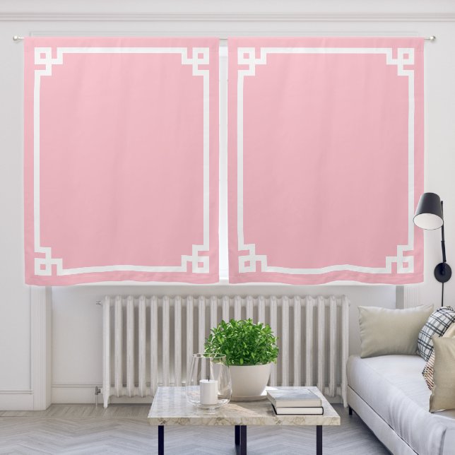 Pink and White Bold Greek Key Border Blackout Curtains (Living Room)