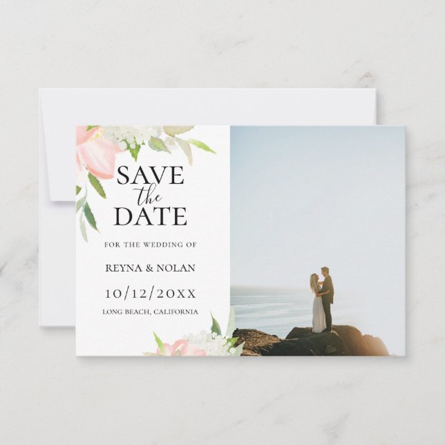 Pink and White Botanical Photo Save The Date Announcement (Front)