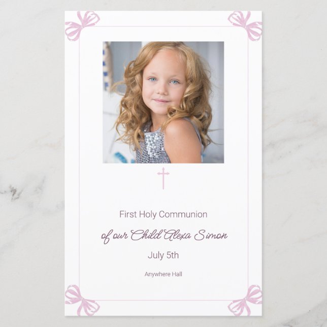 Pink and White bow First Holy Communion Menu (Front)