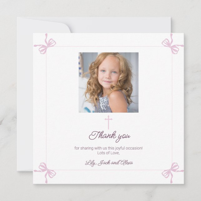 Pink and White bow First Holy Communion Thank You Card (Front)