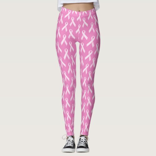 Pink and White Breast Cancer Awareness Ribbons Leggings