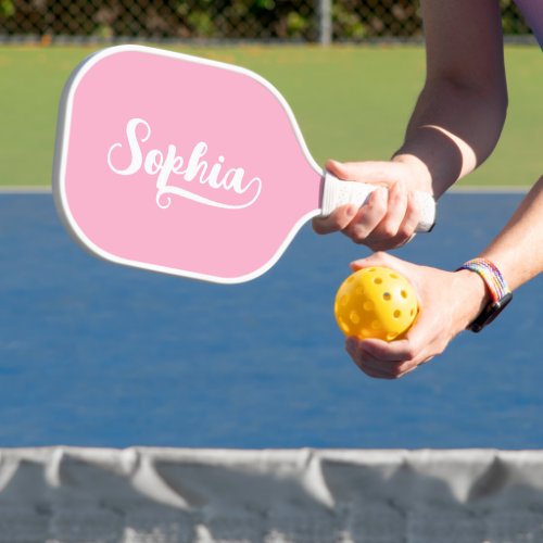 Pink and White Brush Script Name Ends with A Pickleball Paddle