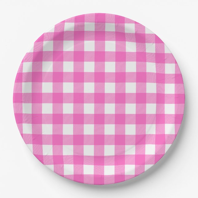 Pink And White Buffalo Check BBQ Engagement Paper Plates (Front)