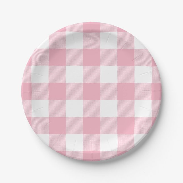 Pink and White Buffalo Check Paper Plates (Front)
