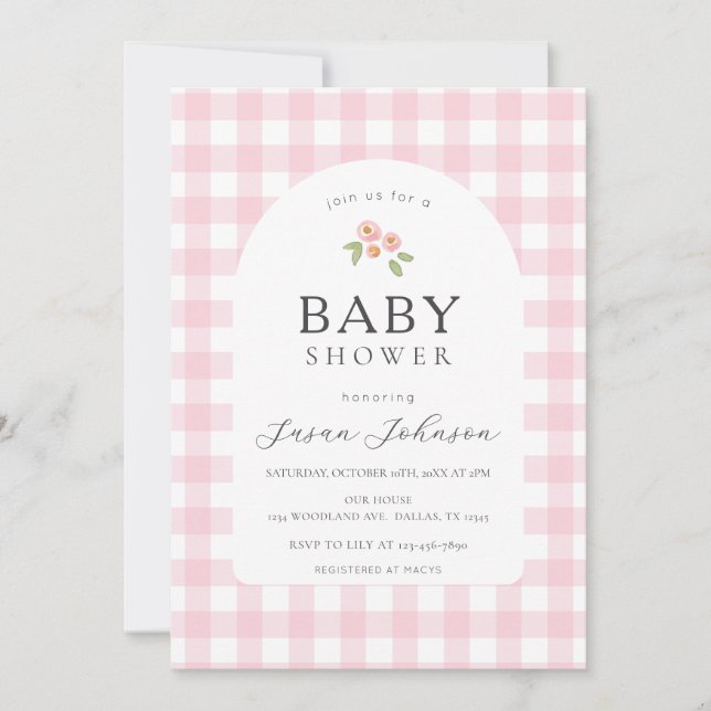 Pink and White Buffalo Check Plaid Baby Shower Invitation (Front)