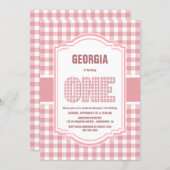 Pink and White Buffalo Plaid 1st Birthday Party Invitation (Front/Back)