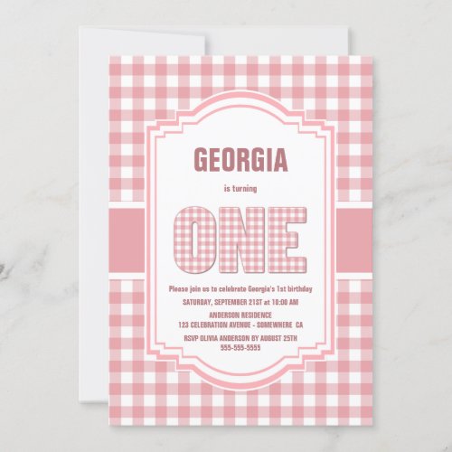 Pink and White Buffalo Plaid 1st Birthday Party Invitation