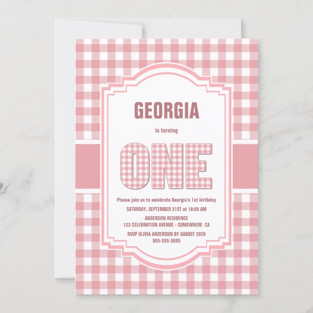 Pink and White Buffalo Plaid 1st Birthday Party Invitation (Front)