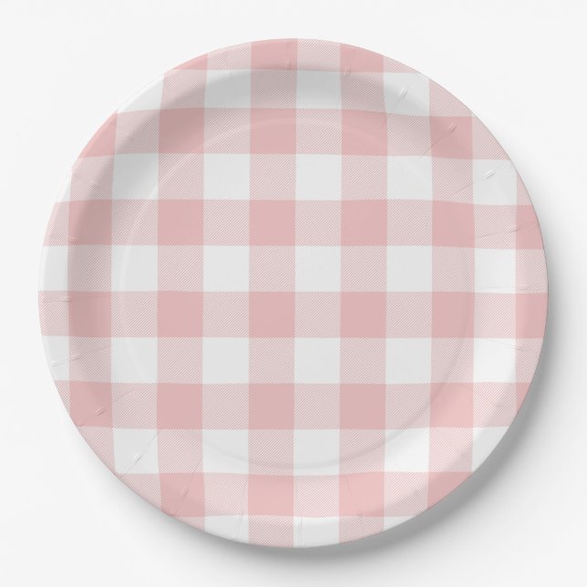 Pink and White Buffalo Plaid Gingham Paper Plates (Front)