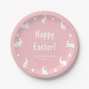 Pink And White Bunnies And Eggs Happy Easter Paper Plates