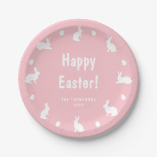 Pink And White Bunnies And Eggs Happy Easter Paper Plates