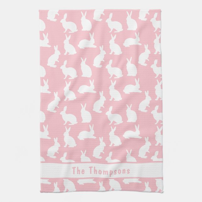 Pink And White Bunny Pattern And Name Easter Kitchen Towel (Vertical)