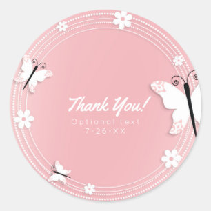 Pink and White Butterflies & Flowers Custom Favor Classic Round Sticker