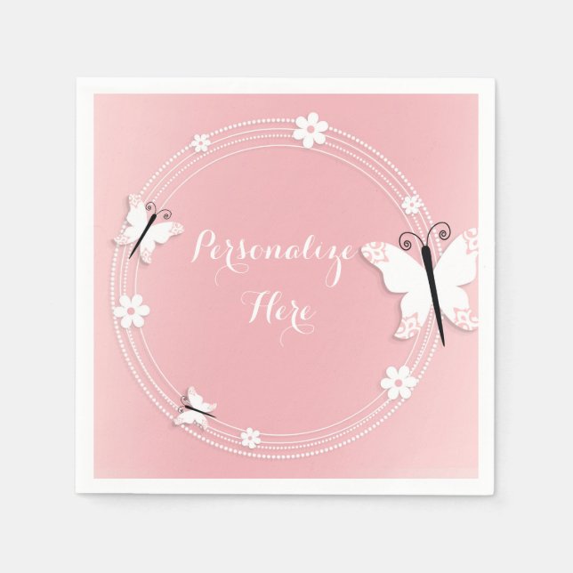 Pink and White Butterflies & Flowers Custom Napkins (Front)