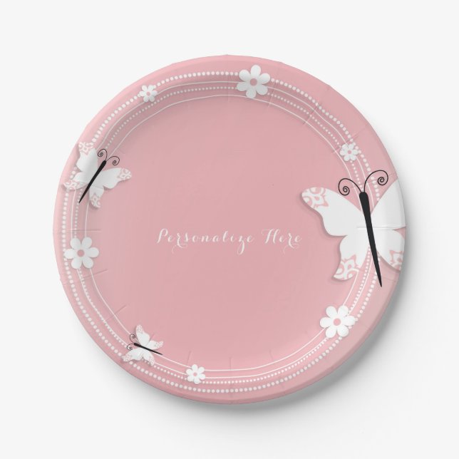 Pink and White Butterflies & Flowers Custom Party Paper Plates (Front)