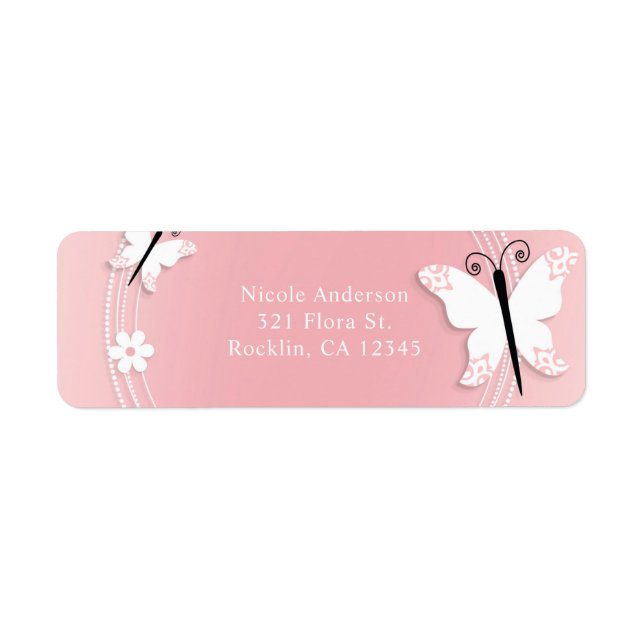 Pink and White Butterflies & Flowers Invitation Label (Front)