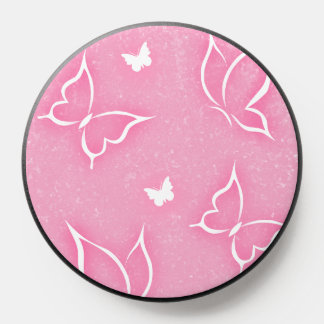 Pink and White Butterflies Sparkle Pink Background PopSocket