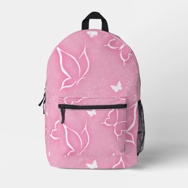 Pink and White Butterflies Sparkle Pink Background Printed Backpack (Front)