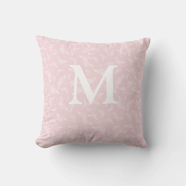 Pink and White Butterfly Initial Throw Pillow (Front)
