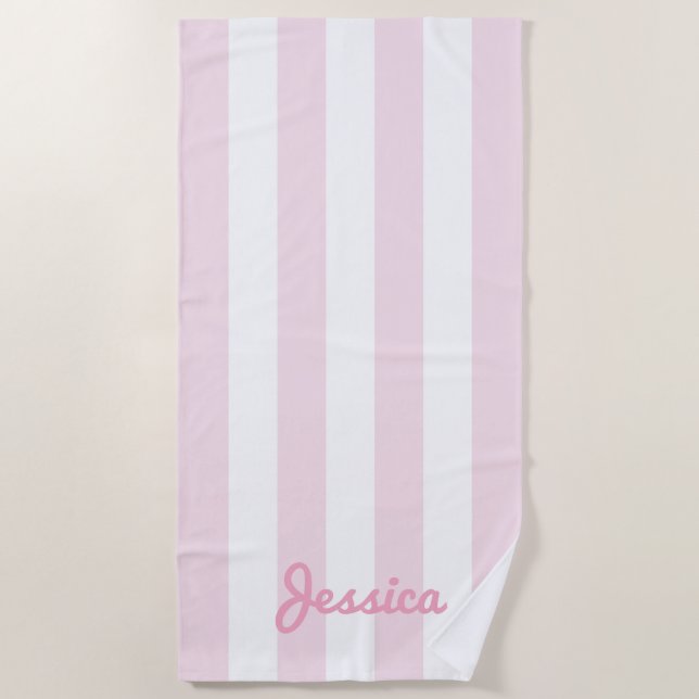 Pink and White Cabana Stripe Beach Towel (Front)