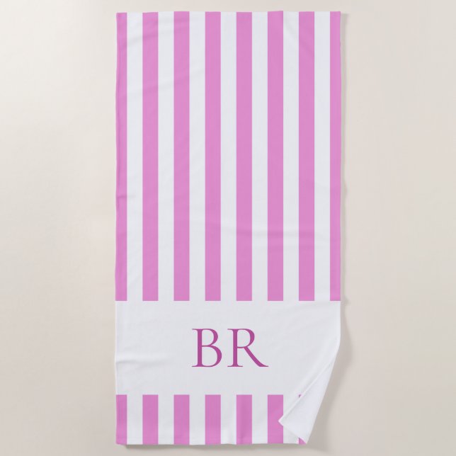 Pink and White Cabana Stripe Custom Monogram Beach Towel (Front)