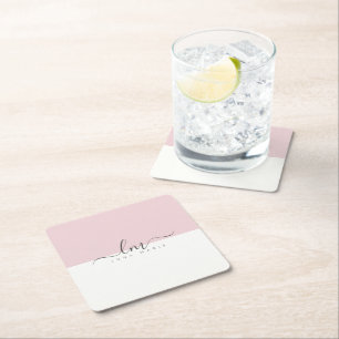 Pink and white, calligraph monogram minimalist square paper coaster