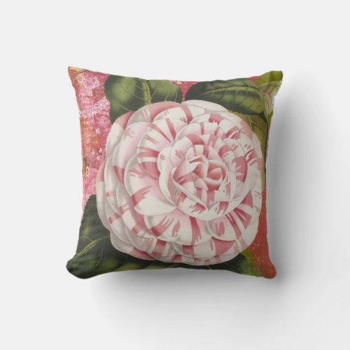 Pink and White Camellia Vintage French Floral Throw Pillow