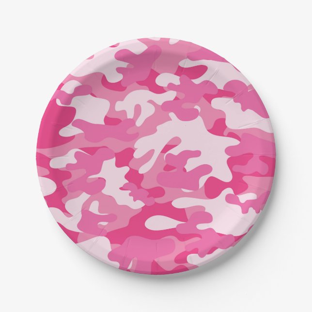 Pink and White Camo Design Paper Plates (Front)