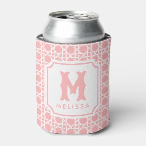 Pink and White Cane  Rattan  Monogram  Can Cooler