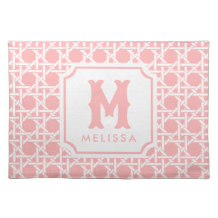 Pink and White Cane Rattan Monogram Cloth Placemat