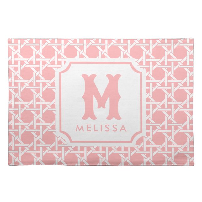 Pink and White Cane | Rattan | Monogram  Cloth Placemat (Front)