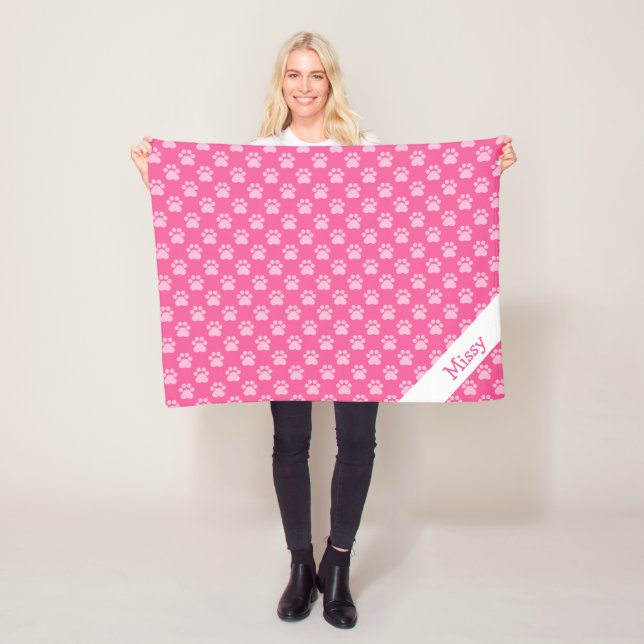 Pink And White Cat Paws With Custom Name Fleece Blanket (In Situ)
